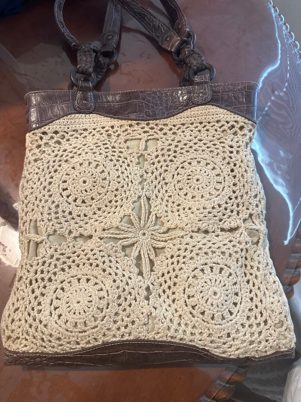 Liz Claiborne Cream Crochet Tote Bag Brown Croc Embossed Trim Braided Handles